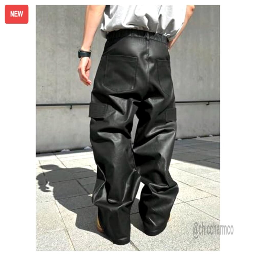 Men's Faux Leather Cargo Pants Wide Leg Baggy Streetwear Trousers - Picture 2 of 5